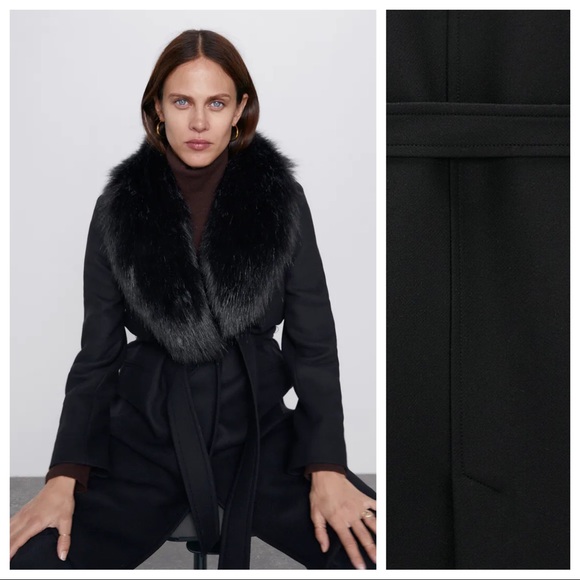 NWT. Zara Black Manteco Wool Blend Faux Fur Collar Open Front Coat. Size XXL. - Picture 1 of 11